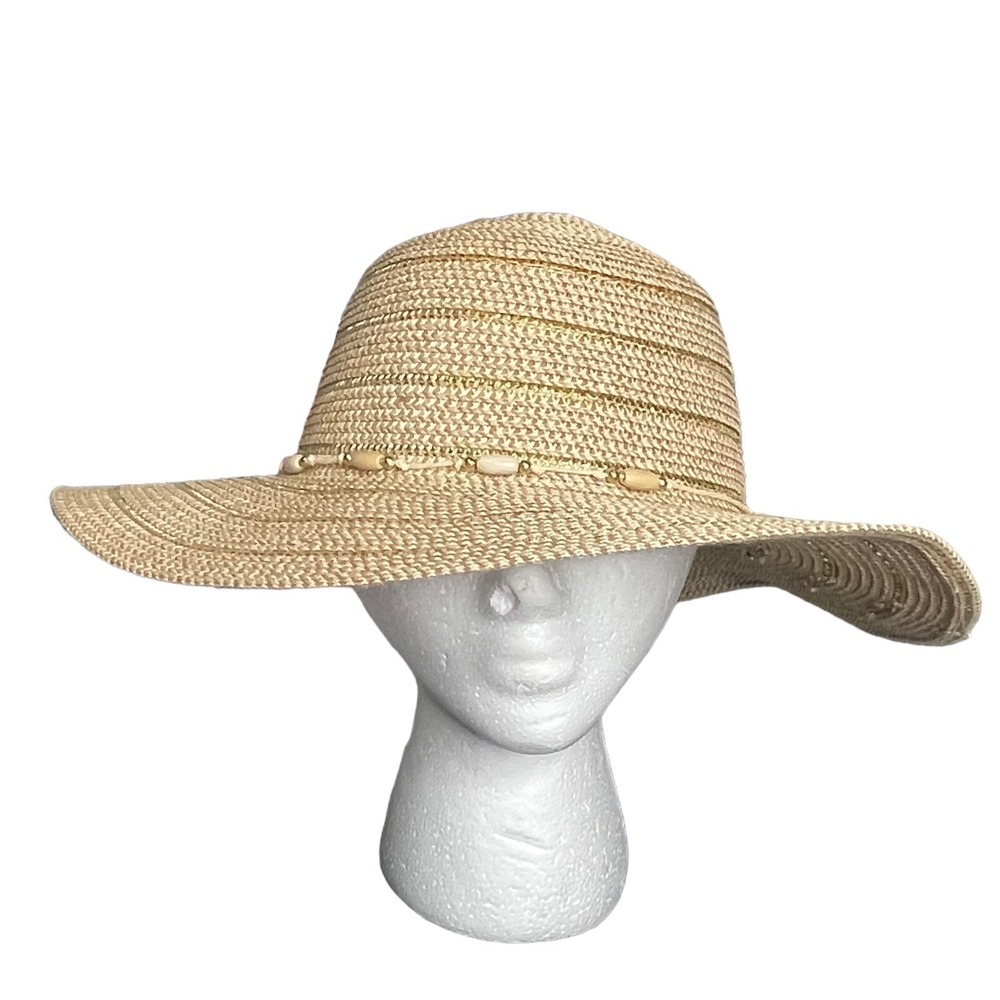 Chico's Straw‎ Sun Hat Womens Beige Gold Woven Wide Brim Beach Summer Travel
